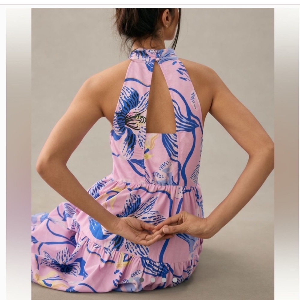 Anthropologie Sarah Gordon for Maeve Pink Blue Floral Halter Maxi Dress Size 8 - Picture 3 of 14